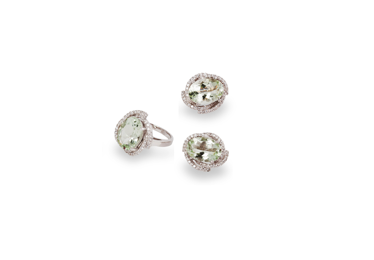 Oval mixed-cut Green Garnet and Diamond Ring and Earring Set, 14k white gold