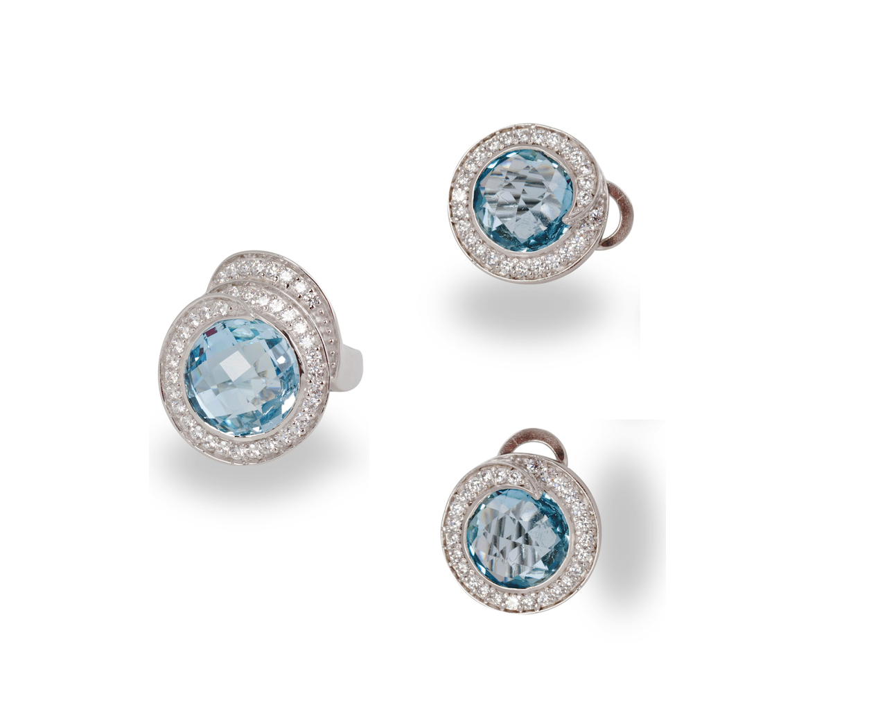 Round-cut Blue Aquamarine and Diamond Earring and Ring Set, 18k white gold