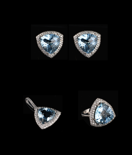 Trillion Cut Aquamarine and Diamond Set, 18k white gold